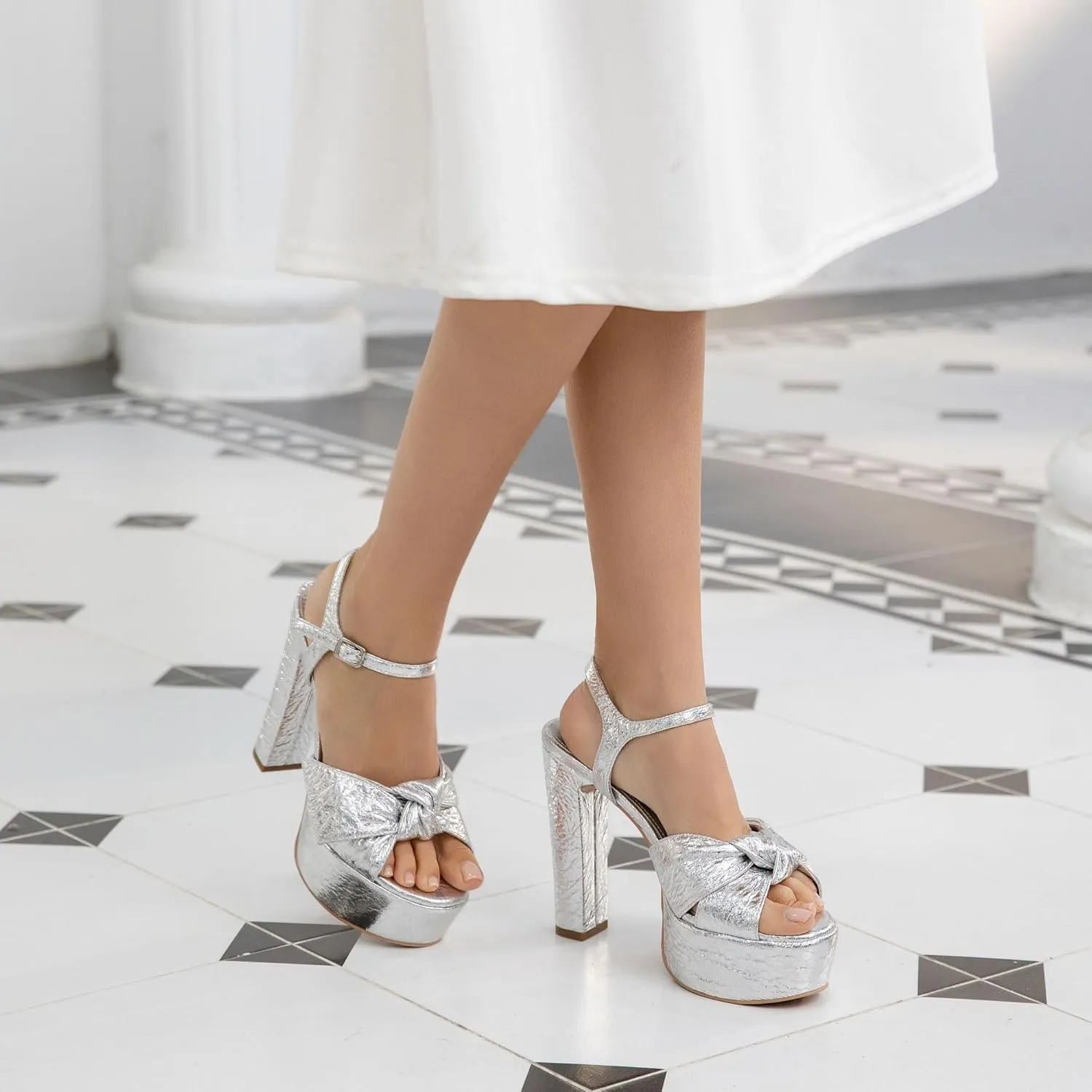 Black Platform Heel Sandals for Women 5.1 Inch Chunky Block High Heel Womens Open Toe with Bow Ankle Strap Wedding Party Dress Sandals