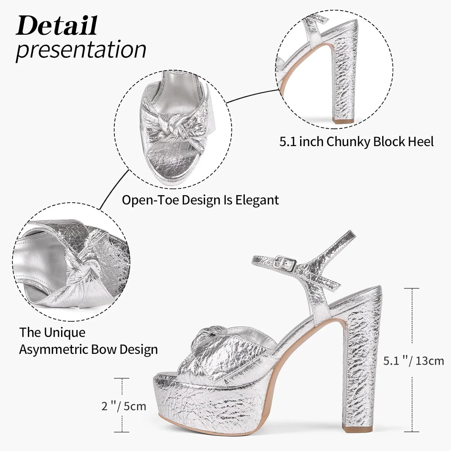 Black Platform Heel Sandals for Women 5.1 Inch Chunky Block High Heel Womens Open Toe with Bow Ankle Strap Wedding Party Dress Sandals