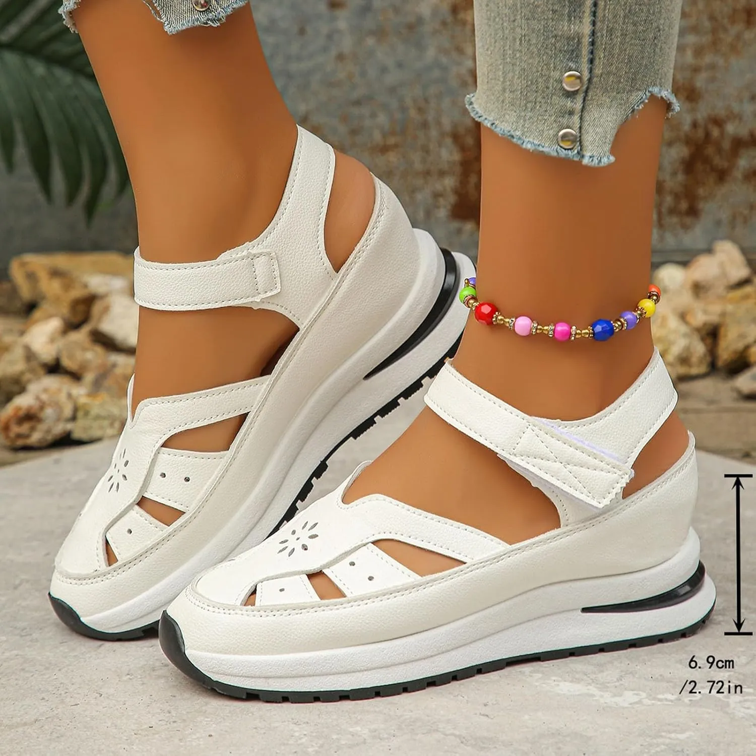Bootara Sandals Women, 2025 Women's Plus Size Casual Hollow-Out Closed Toe Wedge Sandals Height-Boosting Thick Sole