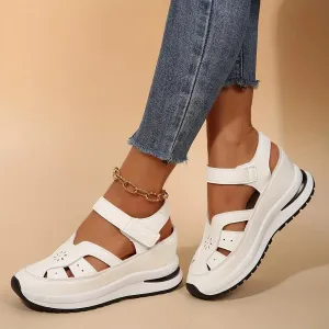 Bootara Sandals Women, 2025 Women's Plus Size Casual Hollow-Out Closed Toe Wedge Sandals Height-Boosting Thick Sole
