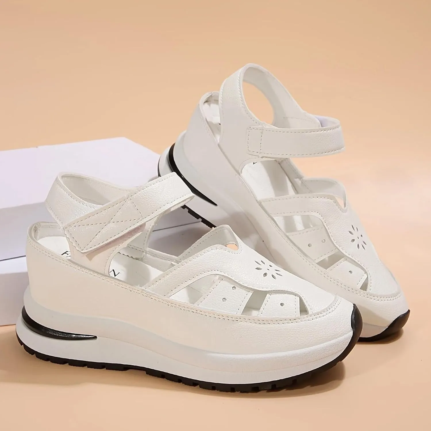Bootara Women's Plus Size Hollow-Out Casual Sandals, Closed Toe Platform Sandals Height-Boosting Thick Sole Summer