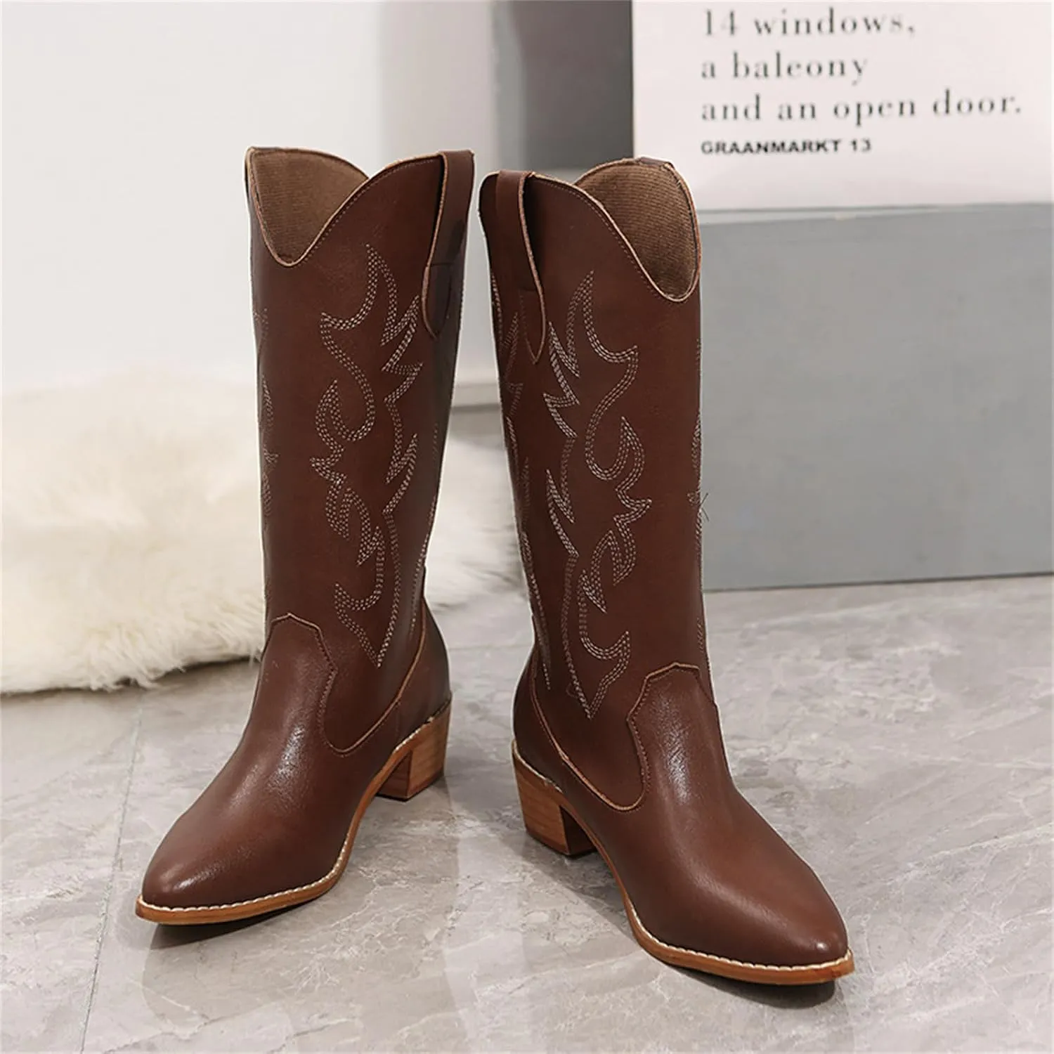 Boots For Women Fashion Dressy Low Heel Cowboy Boots Pull-On Embroidered Cowgirl Knee High Retro Classic Western Boots