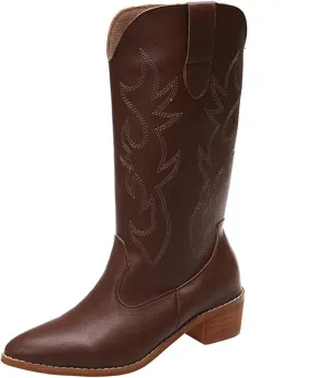 Boots For Women Fashion Dressy Low Heel Cowboy Boots Pull-On Embroidered Cowgirl Knee High Retro Classic Western Boots