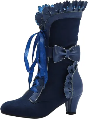 Boots for Women, Women Mid Heels Sweet Bow Boots Faux Suede Lace Up Victorian Inspired Boots Mid Calf Kawaii Boot