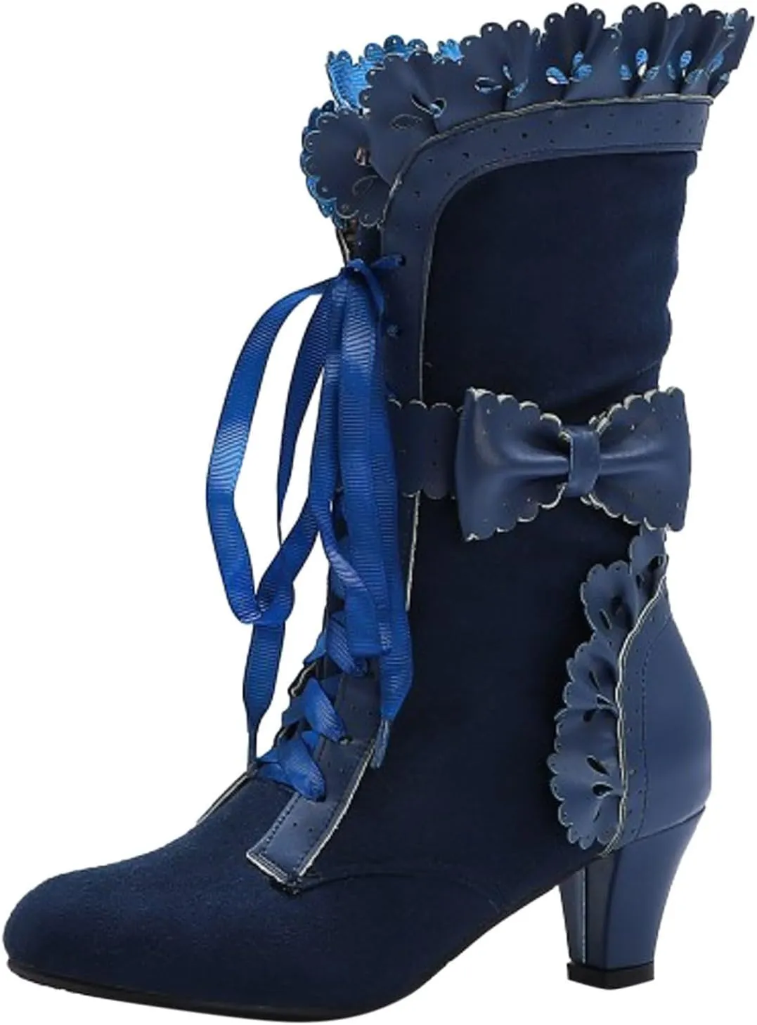 Boots for Women, Women Mid Heels Sweet Bow Boots Faux Suede Lace Up Victorian Inspired Boots Mid Calf Kawaii Boot