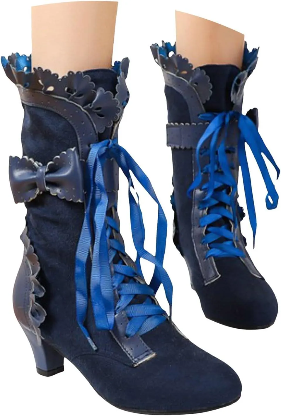 Boots for Women, Women Mid Heels Sweet Bow Boots Faux Suede Lace Up Victorian Inspired Boots Mid Calf Kawaii Boot