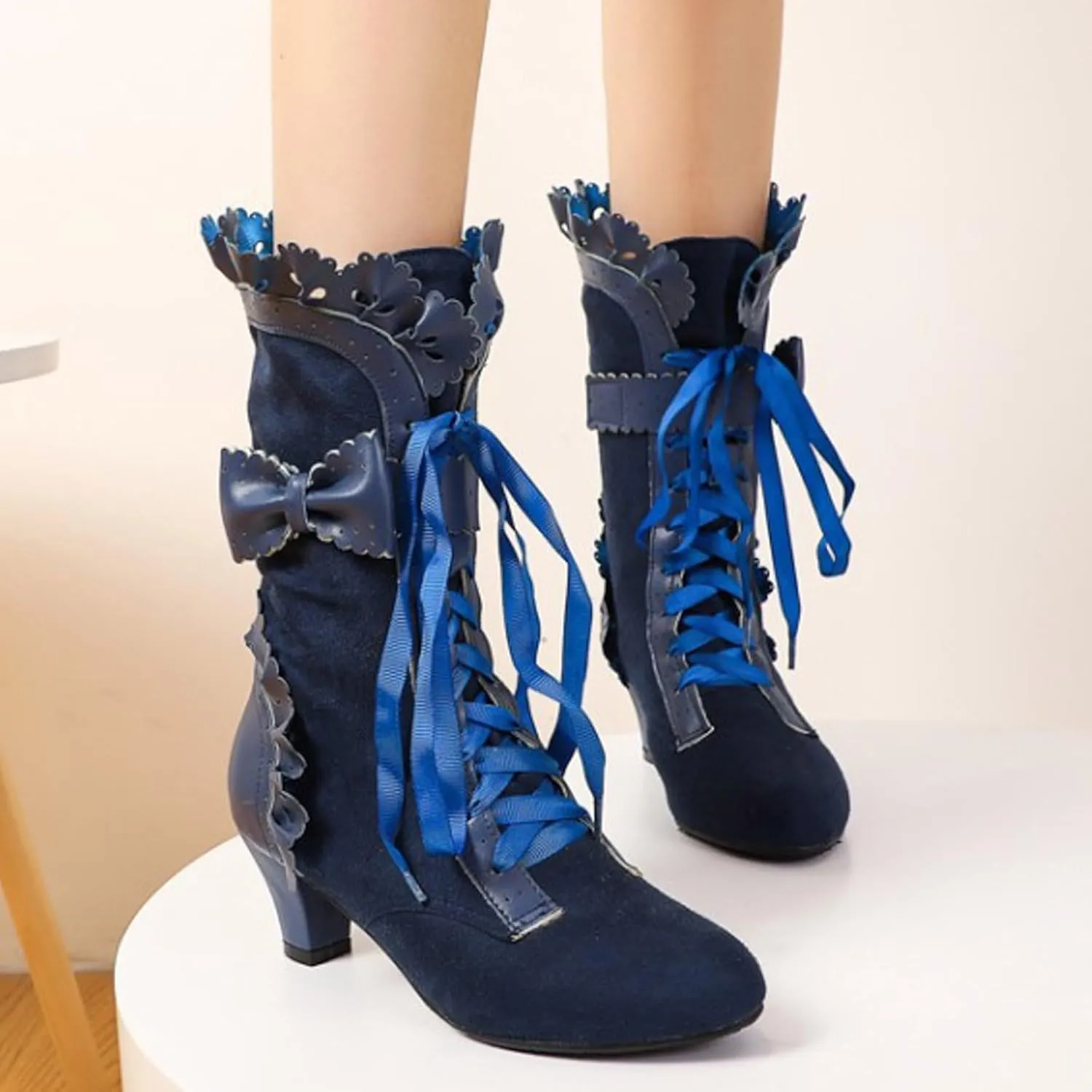 Boots for Women, Women Mid Heels Sweet Bow Boots Faux Suede Lace Up Victorian Inspired Boots Mid Calf Kawaii Boot