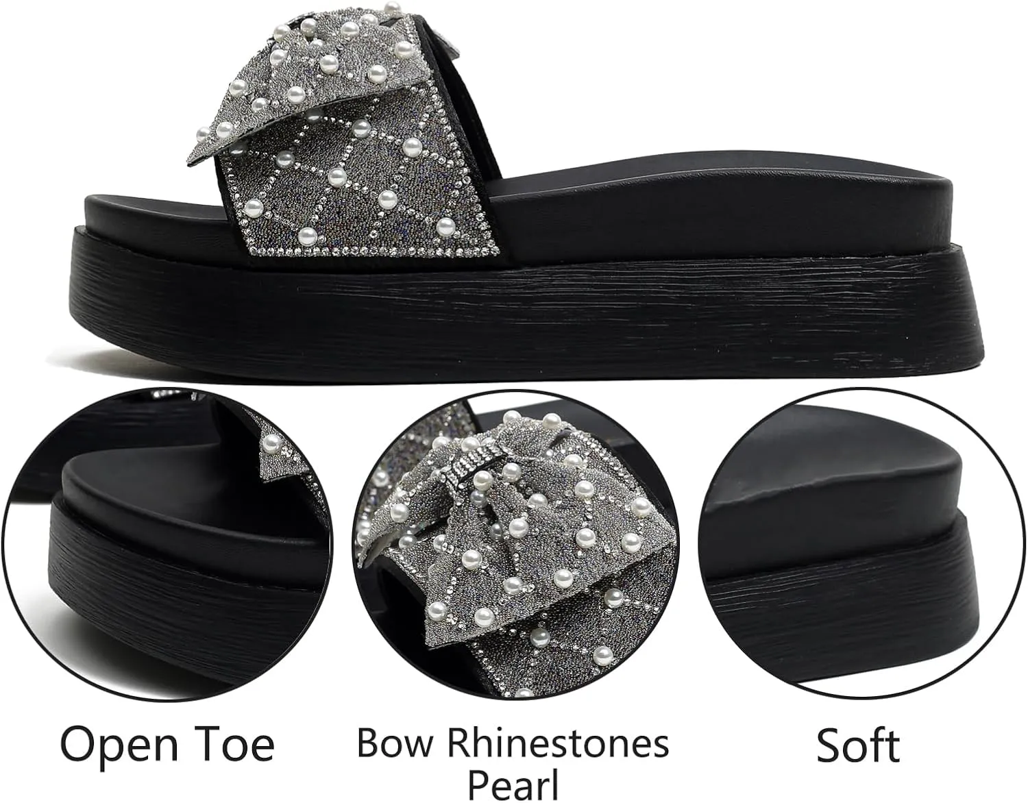 Bow Rhinestones Platform Slides Sandals for Women Sparkle Pearl Slip-on Open Toe Comfort Soft Sole Home Outdoor Beach Slipper