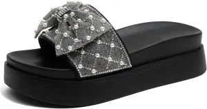 Bow Rhinestones Platform Slides Sandals for Women Sparkle Pearl Slip-on Open Toe Comfort Soft Sole Home Outdoor Beach Slipper