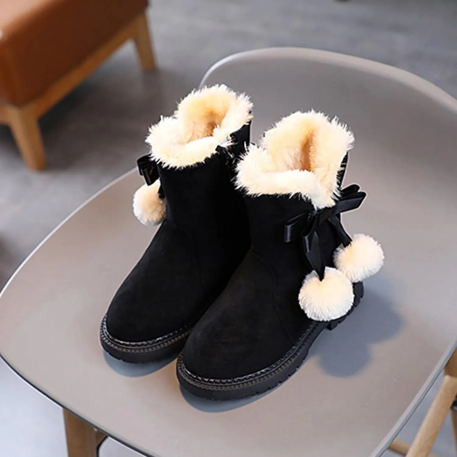 Boys F𝐮r Lined Boots Toddler Baby Girls Winter Warm Furry Plush Snow Booties Cozy Slip On With Zipper Flat Shoes