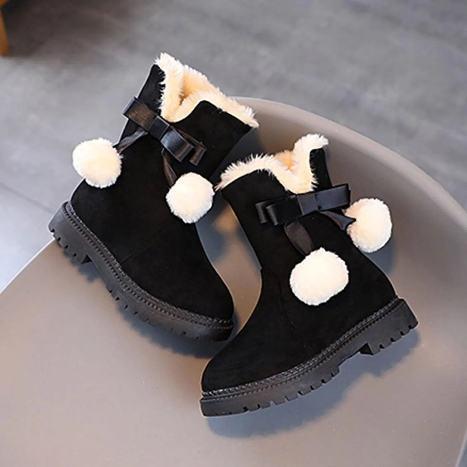 Boys F𝐮r Lined Boots Toddler Baby Girls Winter Warm Furry Plush Snow Booties Cozy Slip On With Zipper Flat Shoes
