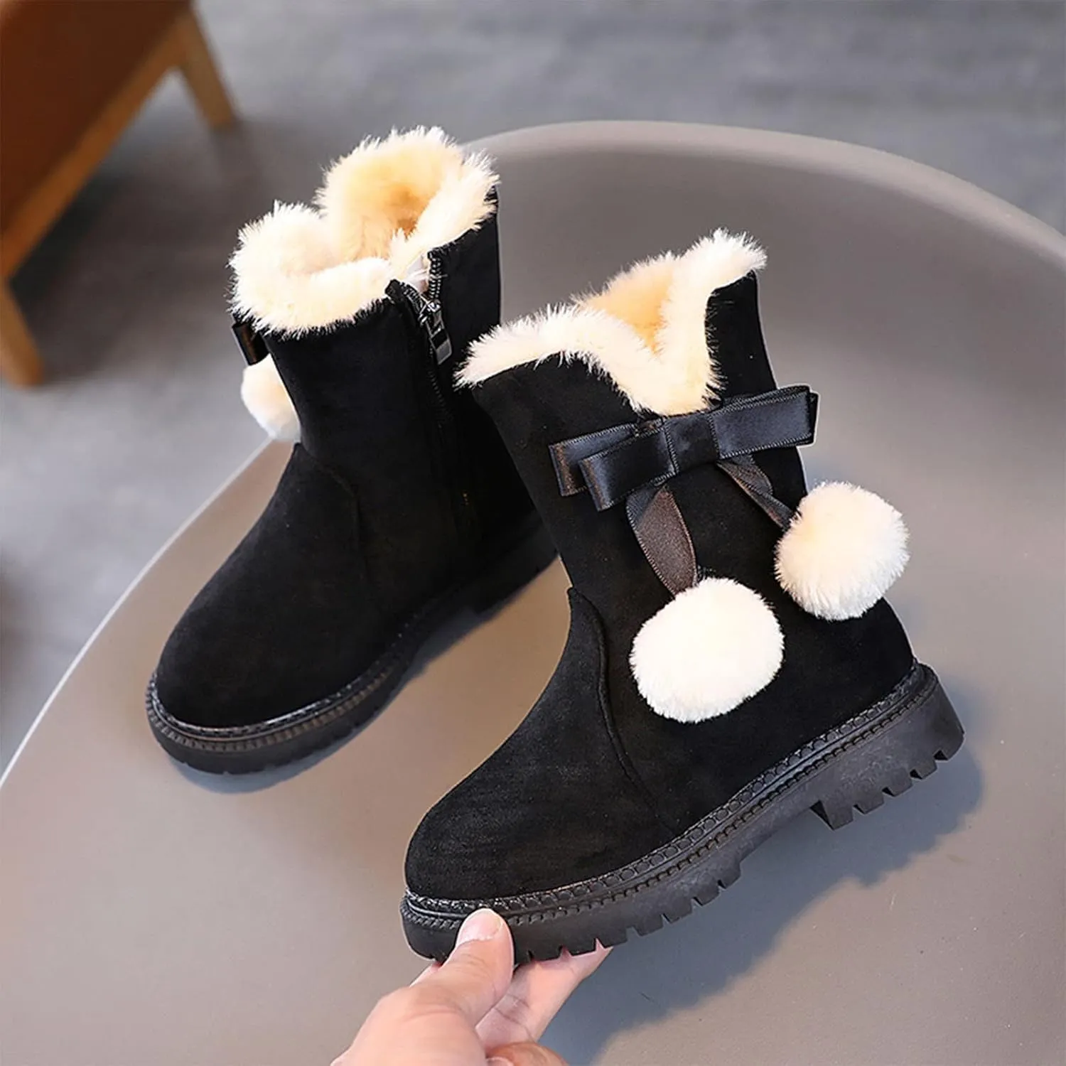 Boys F𝐮r Lined Boots Toddler Baby Girls Winter Warm Furry Plush Snow Booties Cozy Slip On With Zipper Flat Shoes