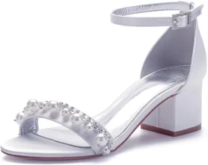 Bridal Shoes Pumps Open Toe Block Heels Wedding High Heels Ankle Strap Crystal Sandals Evening Party Dress Bridesmaids Sandals Pointed Toe Pearl