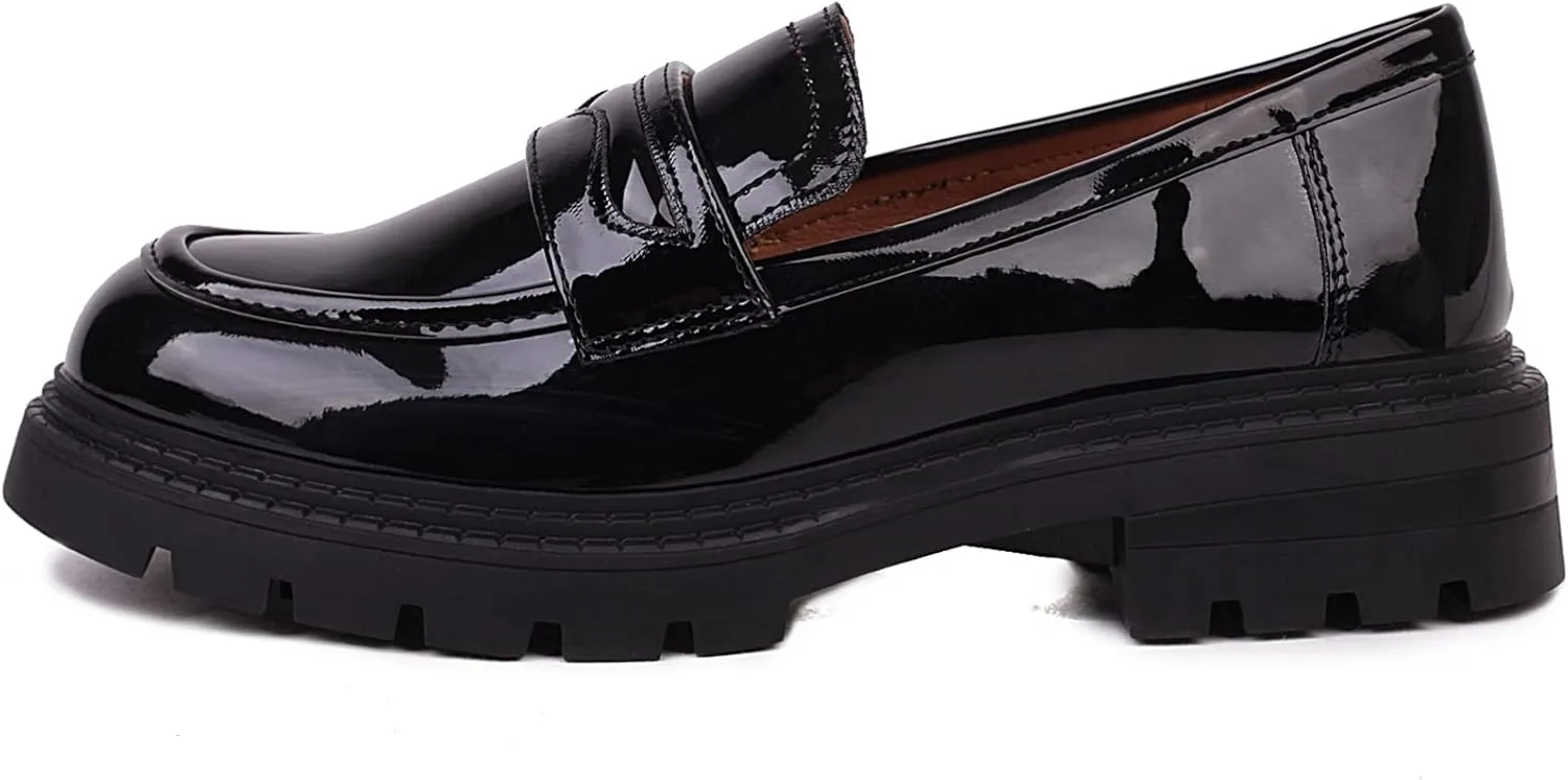 British Style Women's Fashion Loafers, Patent Leather Tassel Loafers, Black Thick-Soled Loafers, Slip-on Thick-Soled Loafers, Simple Casual Flat Shoes, Plus Size Shoes.