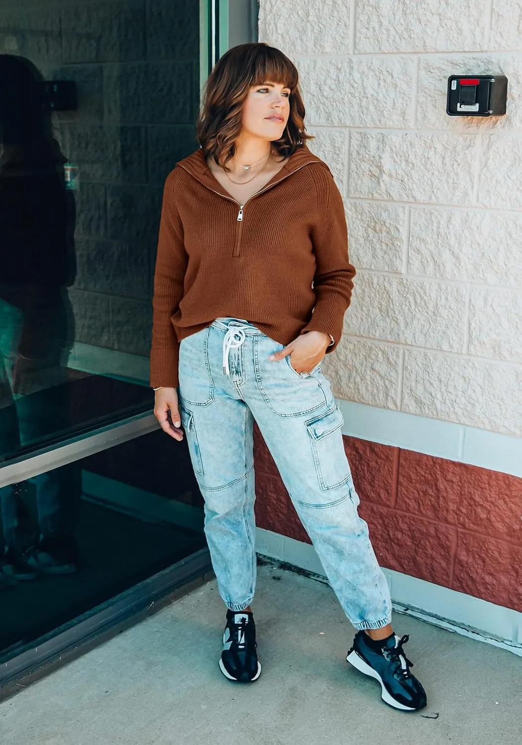 BTFBM Women’s Casual Long Sleeve Half Zip Pullover Sweaters Solid V Neck Collar Ribbed Knitted Loose Slouchy Jumper Tops