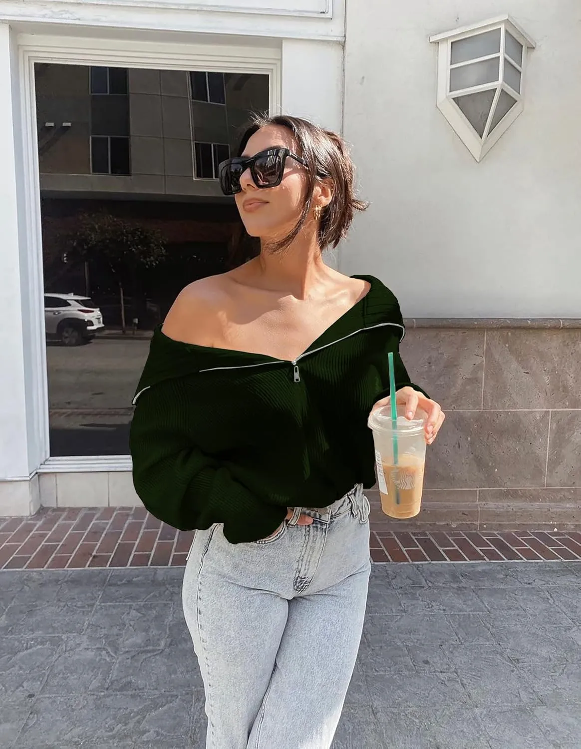 BTFBM Women’s Casual Long Sleeve Half Zip Pullover Sweaters Solid V Neck Collar Ribbed Knitted Loose Slouchy Jumper Tops
