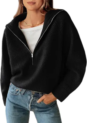 BTFBM Women’s Casual Long Sleeve Half Zip Pullover Sweaters Solid V Neck Collar Ribbed Knitted Loose Slouchy Jumper Tops