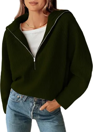 BTFBM Women’s Casual Long Sleeve Half Zip Pullover Sweaters Solid V Neck Collar Ribbed Knitted Loose Slouchy Jumper Tops