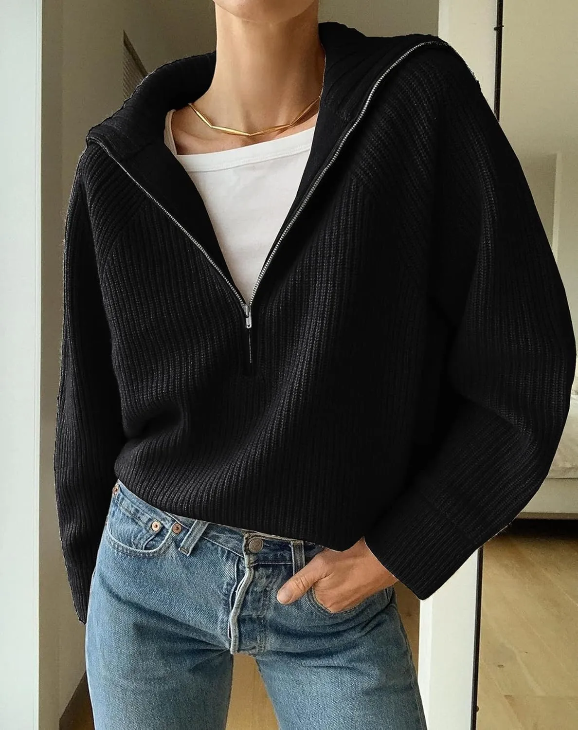 BTFBM Women’s Casual Long Sleeve Half Zip Pullover Sweaters Solid V Neck Collar Ribbed Knitted Loose Slouchy Jumper Tops