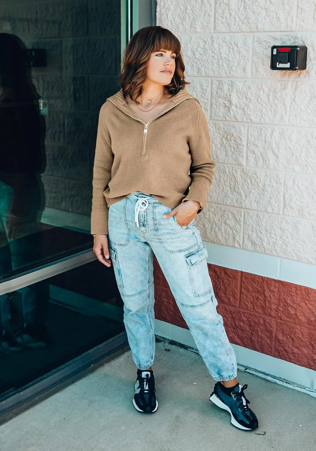 BTFBM Women’s Casual Long Sleeve Half Zip Pullover Sweaters Solid V Neck Collar Ribbed Knitted Loose Slouchy Jumper Tops