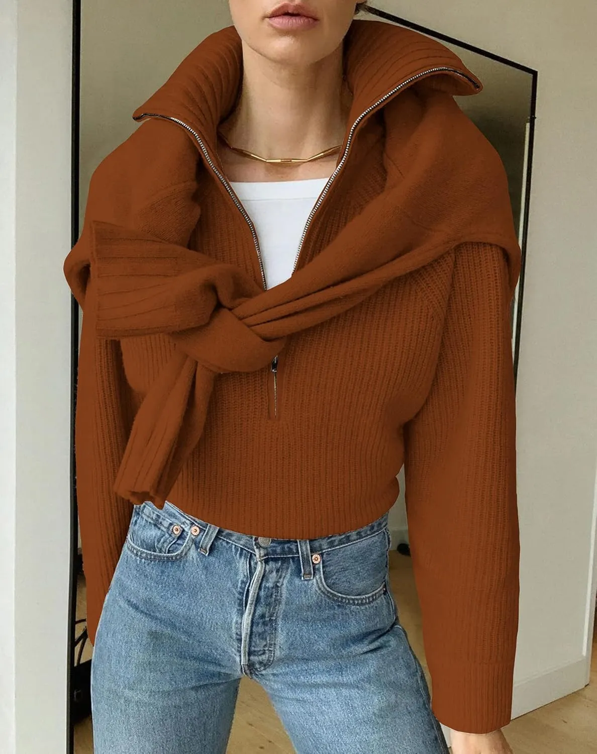 BTFBM Women’s Casual Long Sleeve Half Zip Pullover Sweaters Solid V Neck Collar Ribbed Knitted Loose Slouchy Jumper Tops