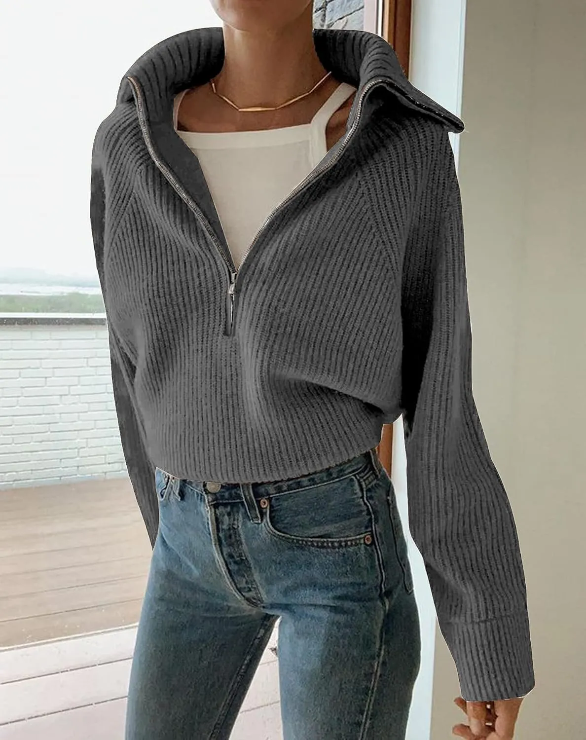 BTFBM Women’s Casual Long Sleeve Half Zip Pullover Sweaters Solid V Neck Collar Ribbed Knitted Loose Slouchy Jumper Tops