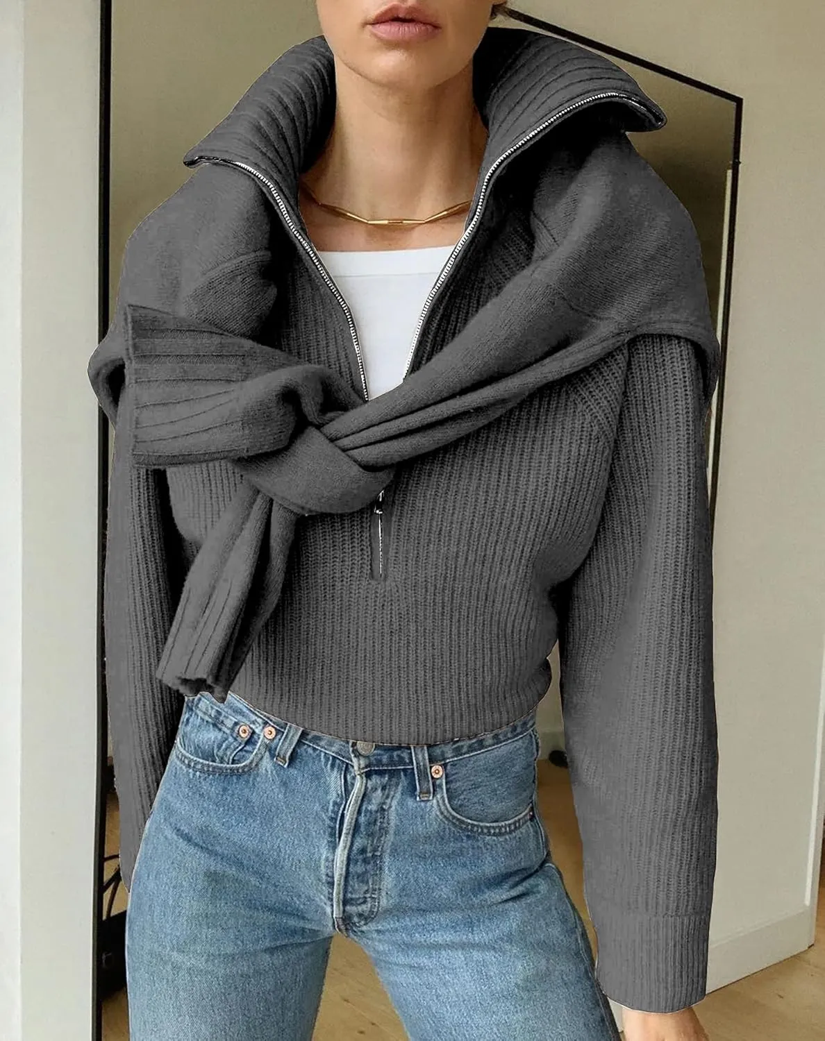BTFBM Women’s Casual Long Sleeve Half Zip Pullover Sweaters Solid V Neck Collar Ribbed Knitted Loose Slouchy Jumper Tops
