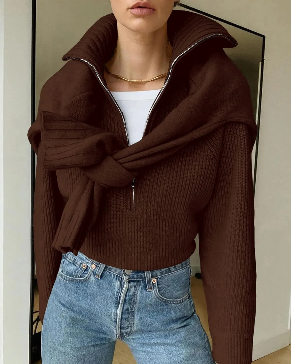 BTFBM Women’s Casual Long Sleeve Half Zip Pullover Sweaters Solid V Neck Collar Ribbed Knitted Loose Slouchy Jumper Tops