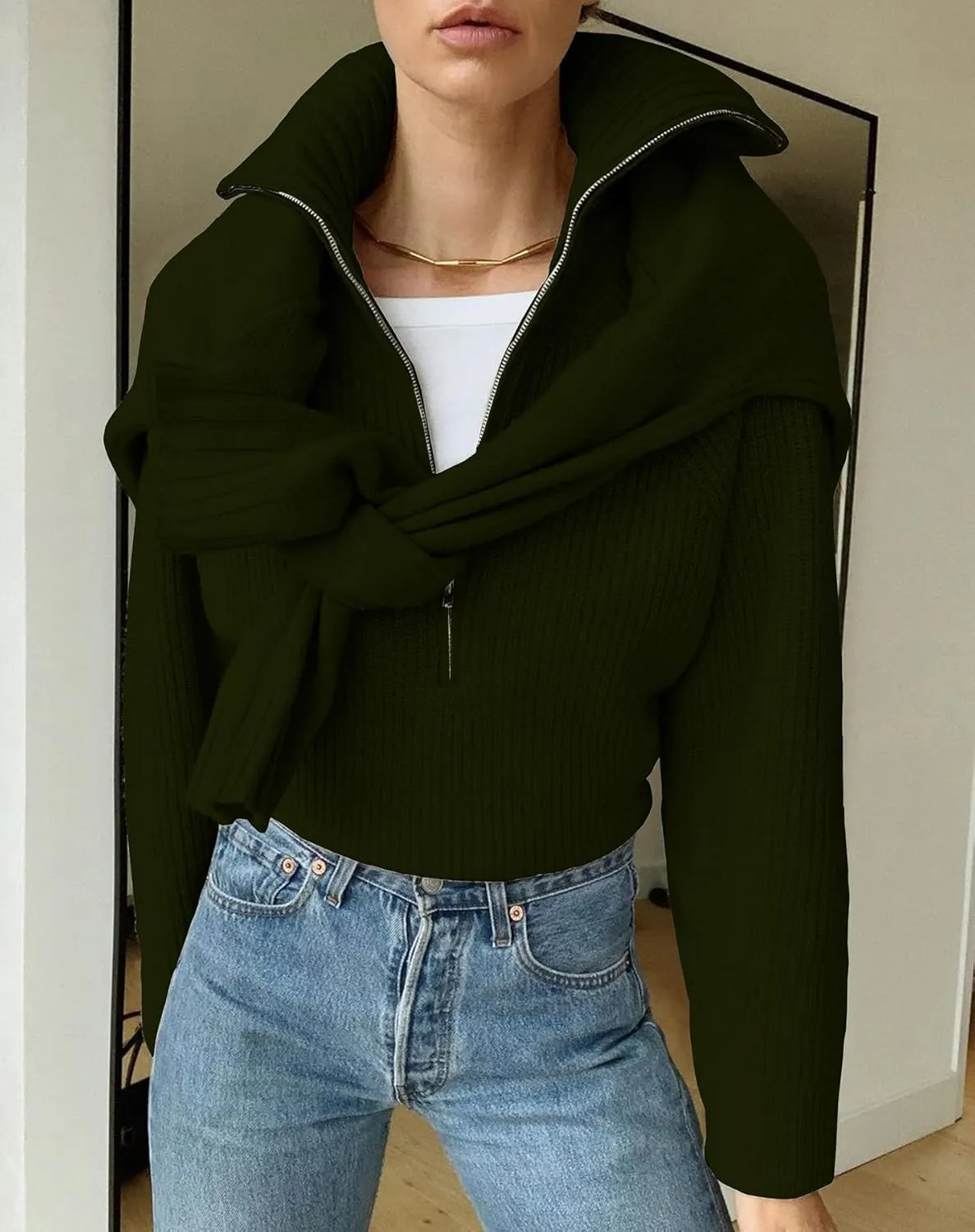 BTFBM Women’s Casual Long Sleeve Half Zip Pullover Sweaters Solid V Neck Collar Ribbed Knitted Loose Slouchy Jumper Tops
