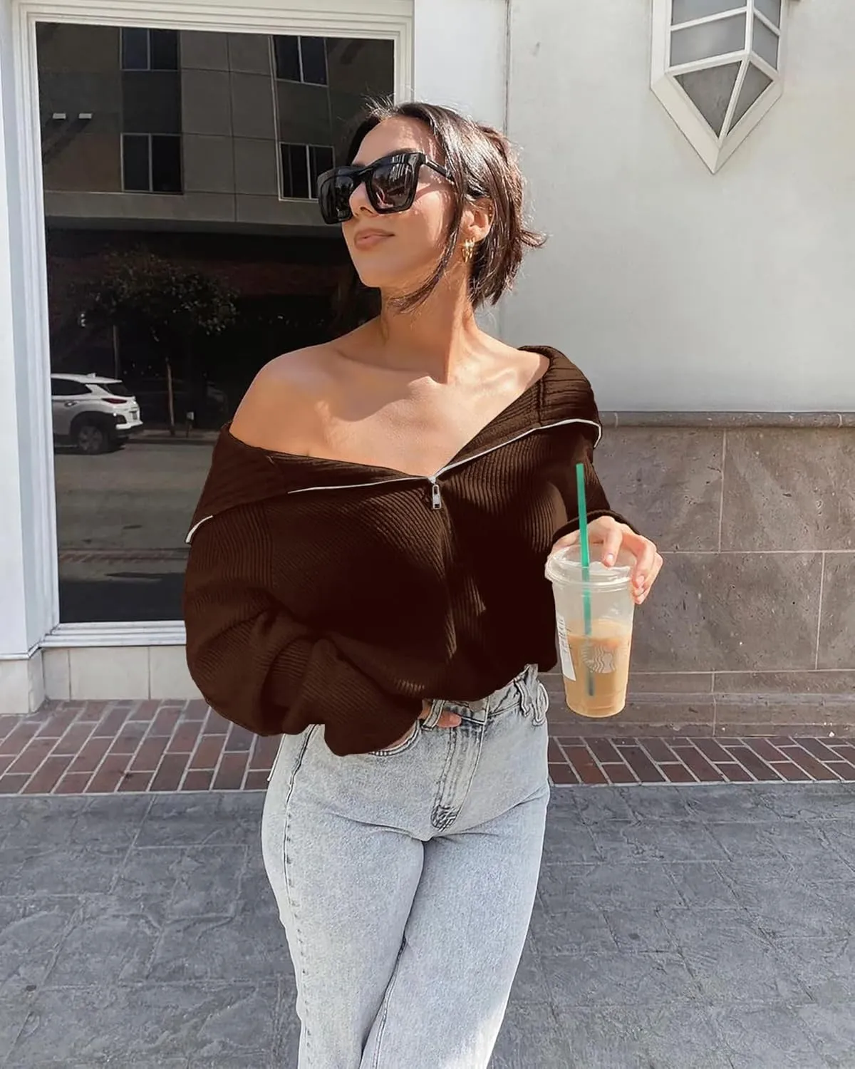 BTFBM Women’s Casual Long Sleeve Half Zip Pullover Sweaters Solid V Neck Collar Ribbed Knitted Loose Slouchy Jumper Tops