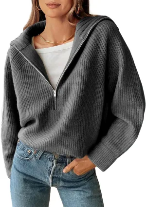 BTFBM Women’s Casual Long Sleeve Half Zip Pullover Sweaters Solid V Neck Collar Ribbed Knitted Loose Slouchy Jumper Tops