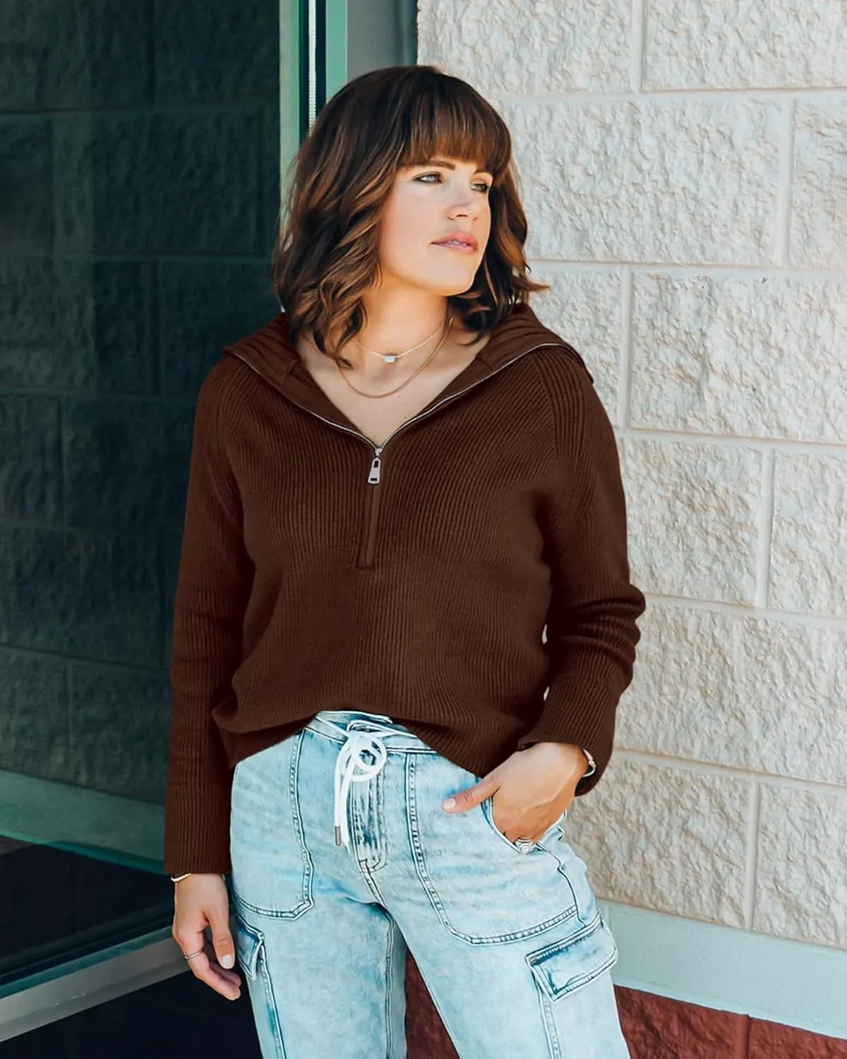 BTFBM Women’s Casual Long Sleeve Half Zip Pullover Sweaters Solid V Neck Collar Ribbed Knitted Loose Slouchy Jumper Tops