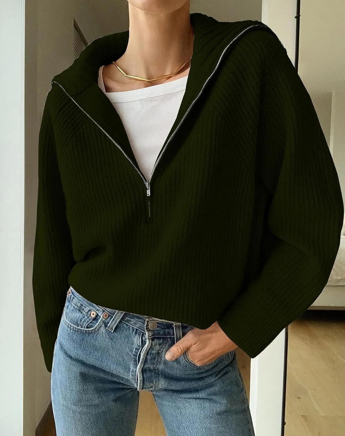 BTFBM Women’s Casual Long Sleeve Half Zip Pullover Sweaters Solid V Neck Collar Ribbed Knitted Loose Slouchy Jumper Tops