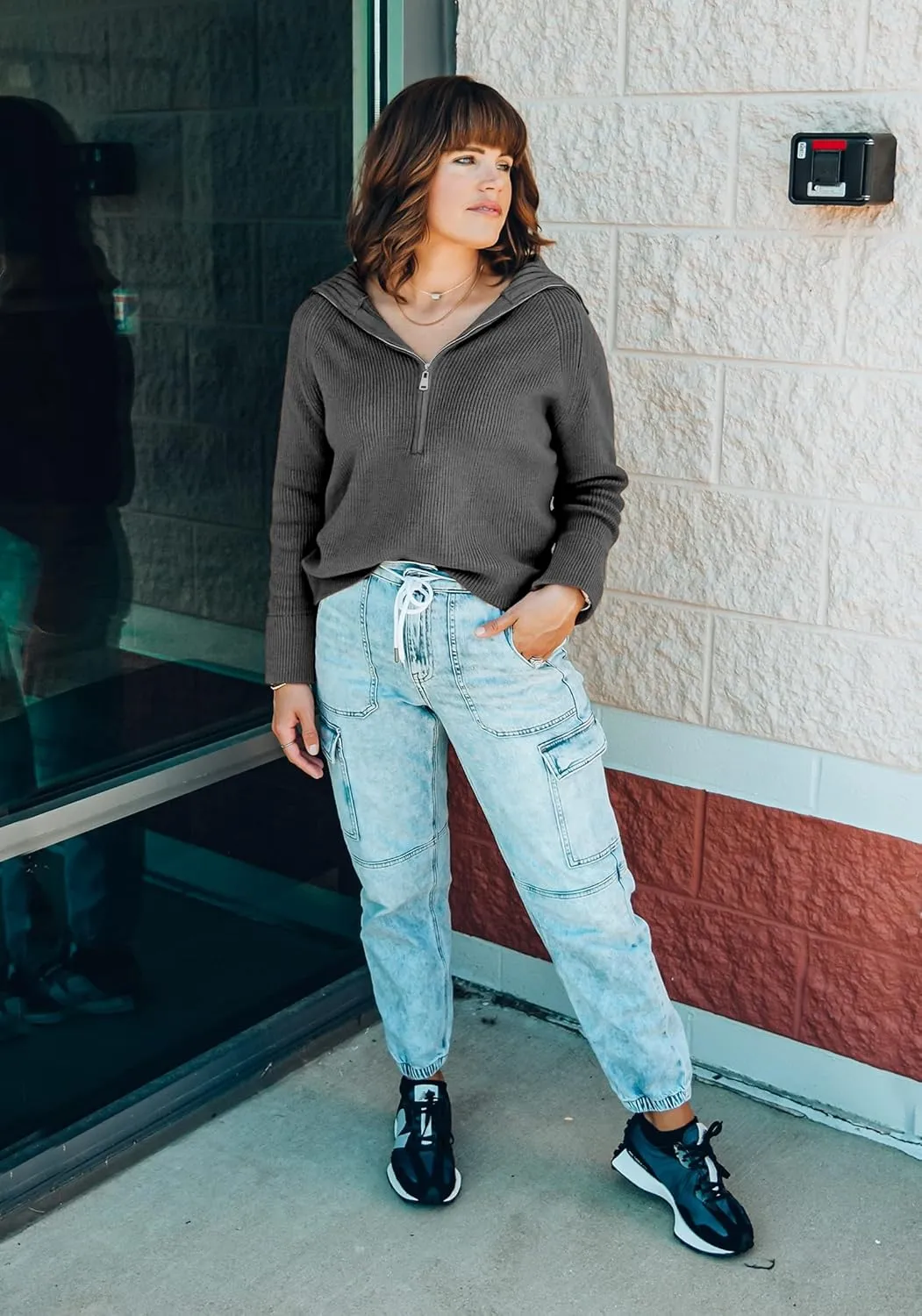 BTFBM Women’s Casual Long Sleeve Half Zip Pullover Sweaters Solid V Neck Collar Ribbed Knitted Loose Slouchy Jumper Tops