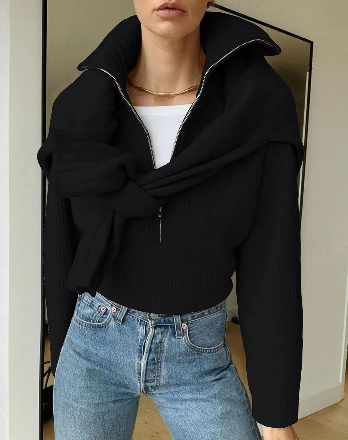 BTFBM Women’s Casual Long Sleeve Half Zip Pullover Sweaters Solid V Neck Collar Ribbed Knitted Loose Slouchy Jumper Tops