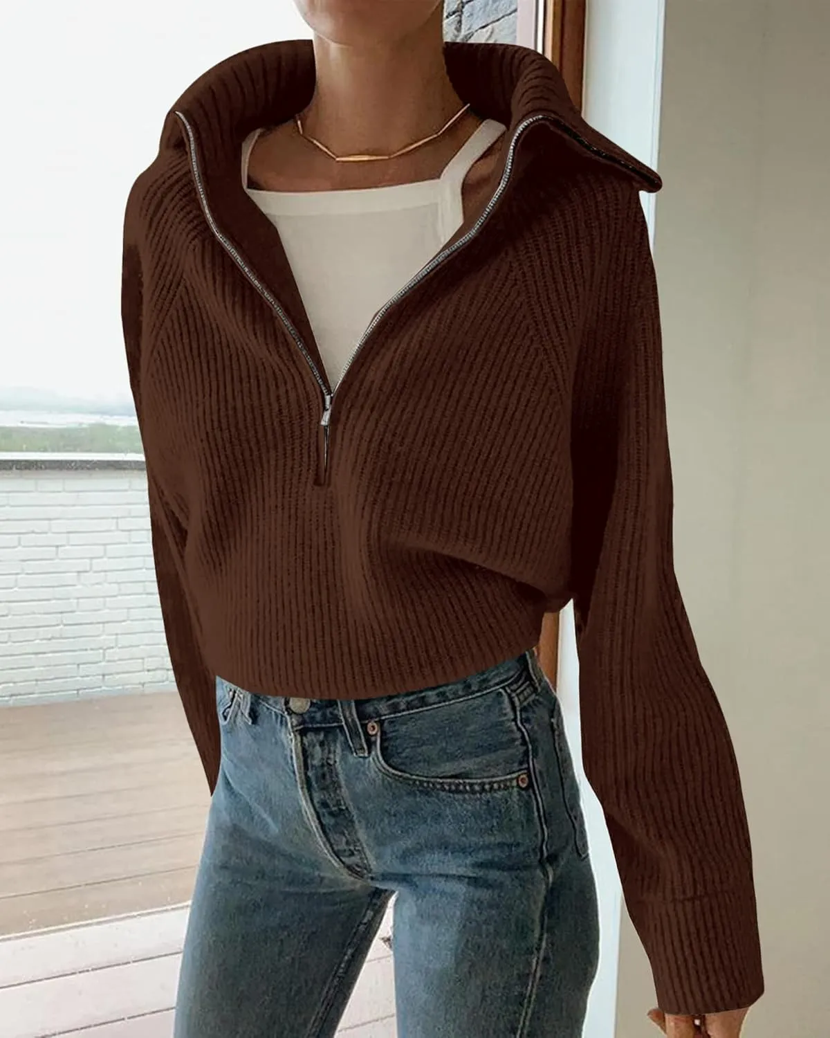 BTFBM Women’s Casual Long Sleeve Half Zip Pullover Sweaters Solid V Neck Collar Ribbed Knitted Loose Slouchy Jumper Tops