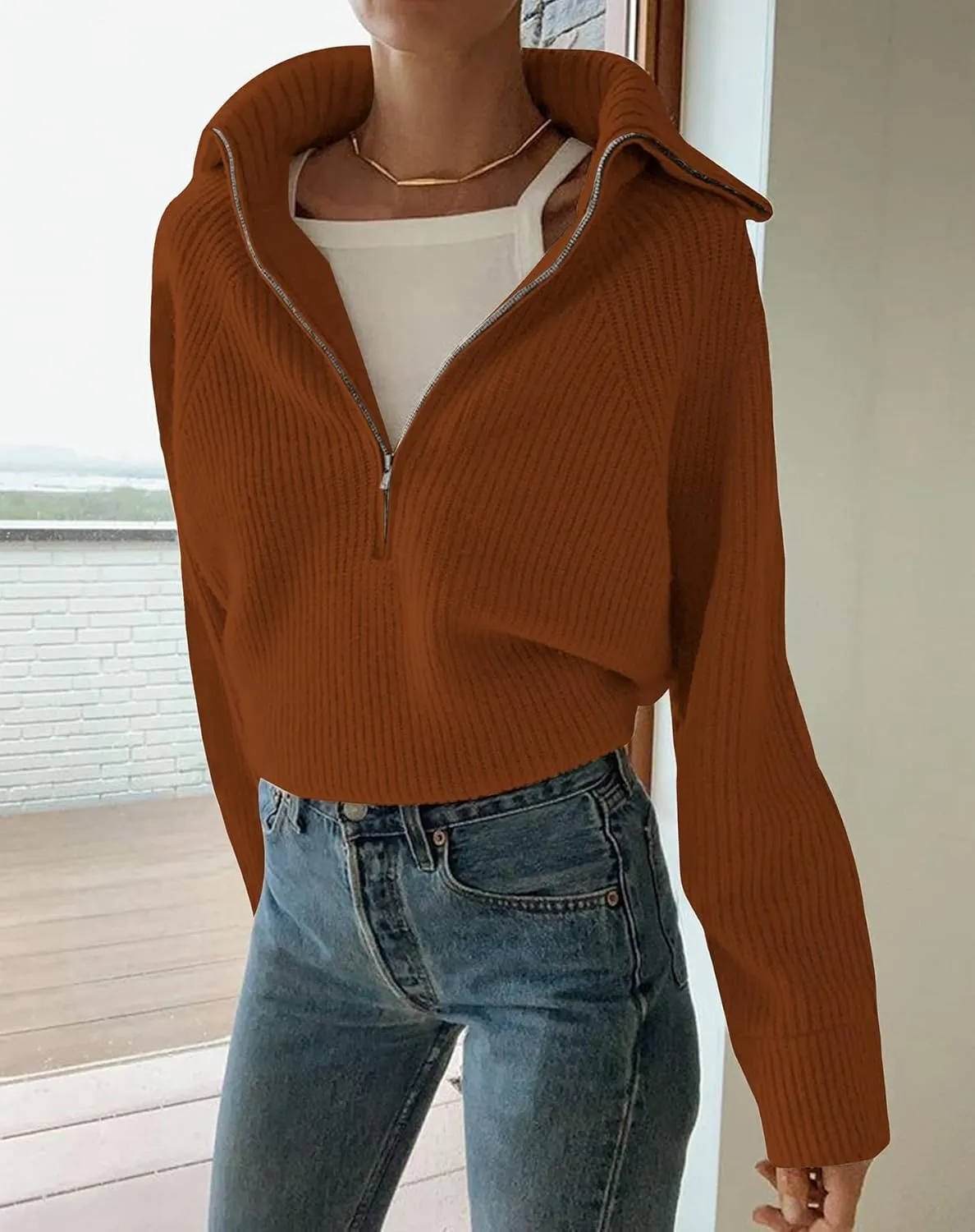 BTFBM Women’s Casual Long Sleeve Half Zip Pullover Sweaters Solid V Neck Collar Ribbed Knitted Loose Slouchy Jumper Tops