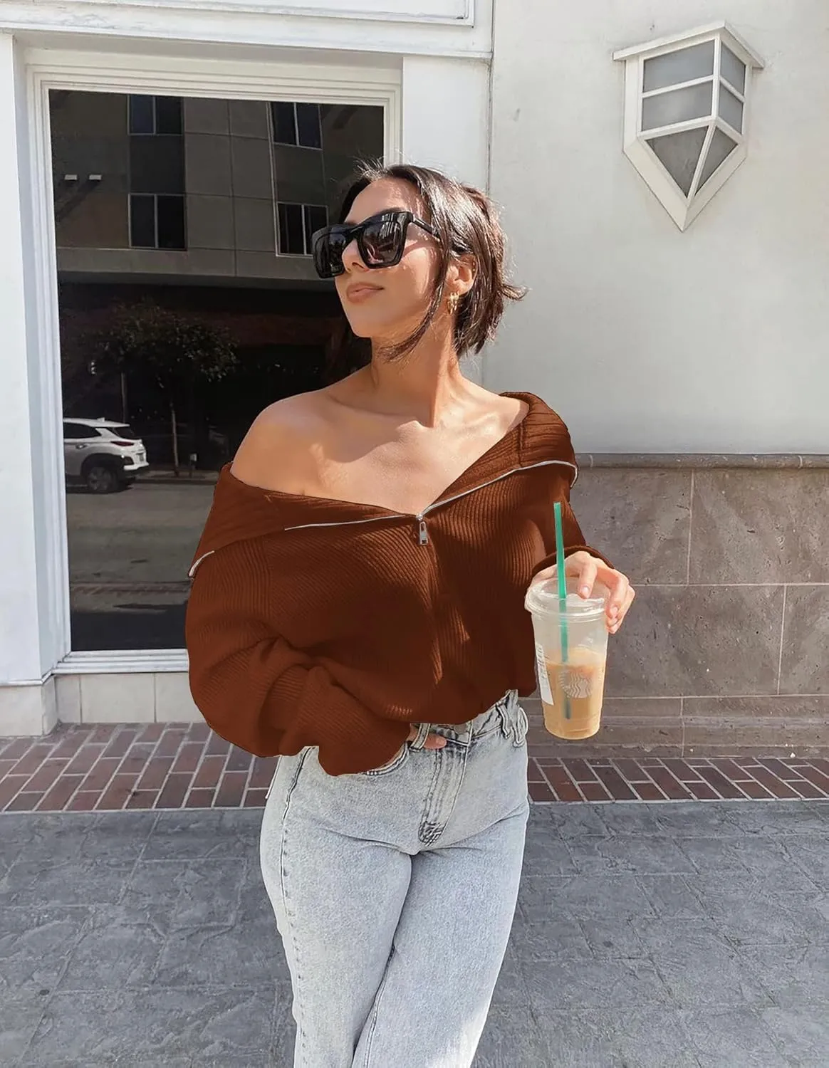 BTFBM Women’s Casual Long Sleeve Half Zip Pullover Sweaters Solid V Neck Collar Ribbed Knitted Loose Slouchy Jumper Tops