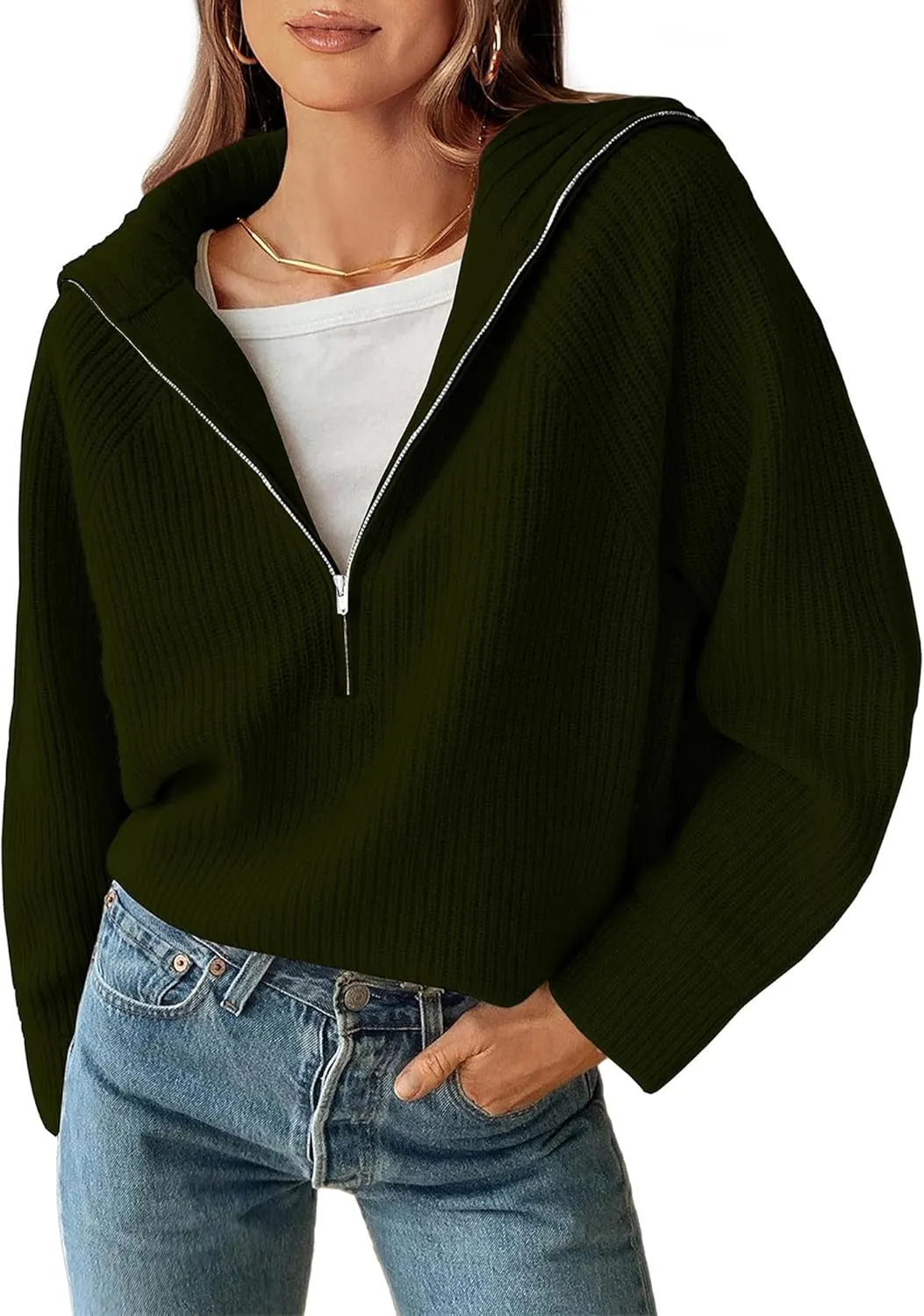 BTFBM Women’s Casual Long Sleeve Half Zip Pullover Sweaters Solid V Neck Collar Ribbed Knitted Loose Slouchy Jumper Tops
