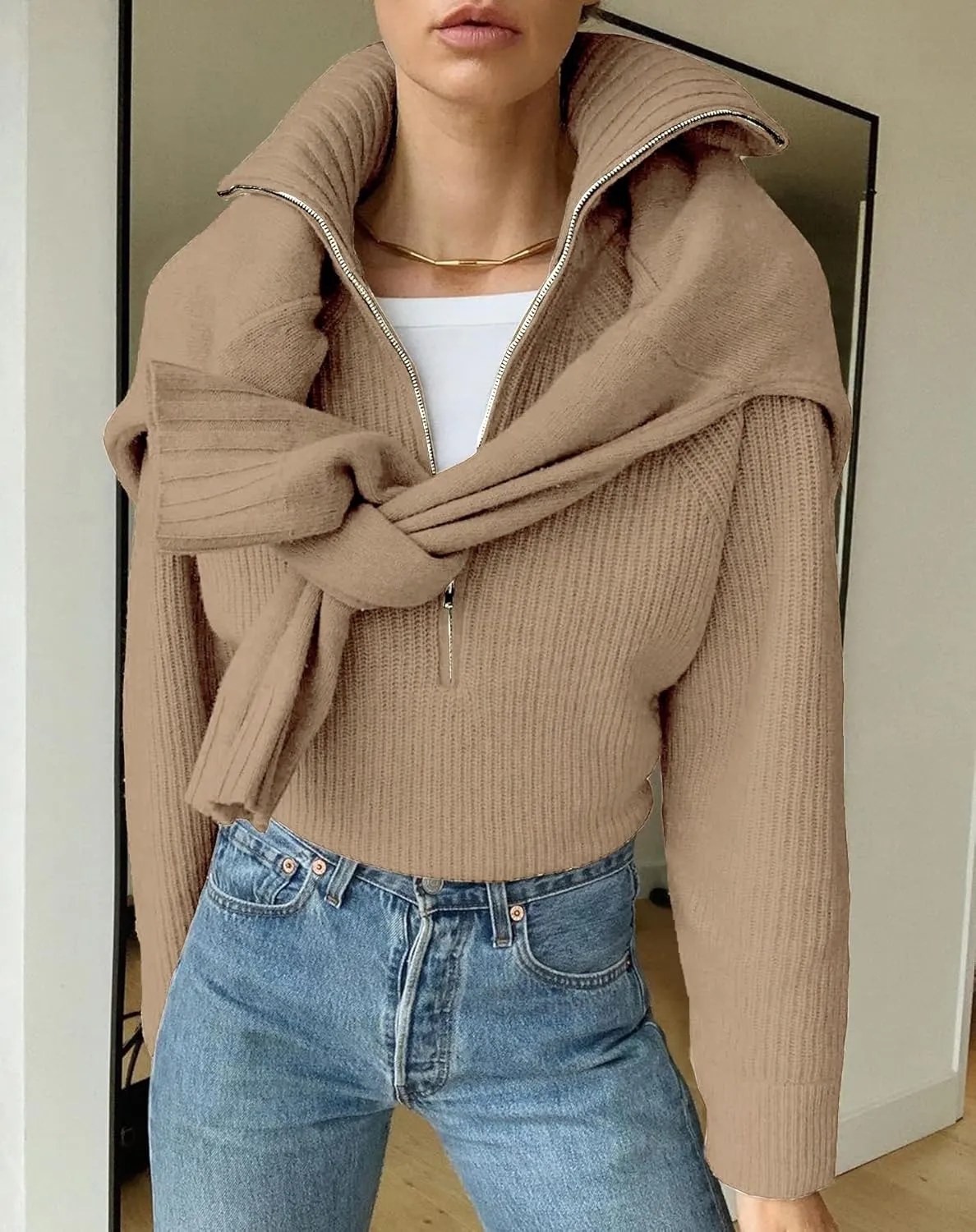 BTFBM Women’s Casual Long Sleeve Half Zip Pullover Sweaters Solid V Neck Collar Ribbed Knitted Loose Slouchy Jumper Tops