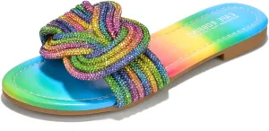 Cape Robbin Women's Open Toe Slide Sandals - Sparkly Flat Summer Dressy Sandals with Rhinestone-Embellished Knot (Jeffer)