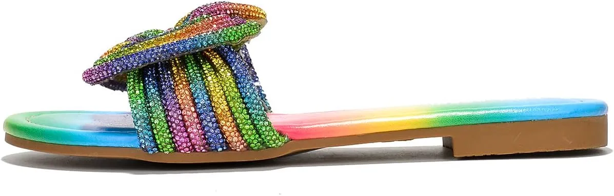 Cape Robbin Women's Open Toe Slide Sandals - Sparkly Flat Summer Dressy Sandals with Rhinestone-Embellished Knot (Jeffer)