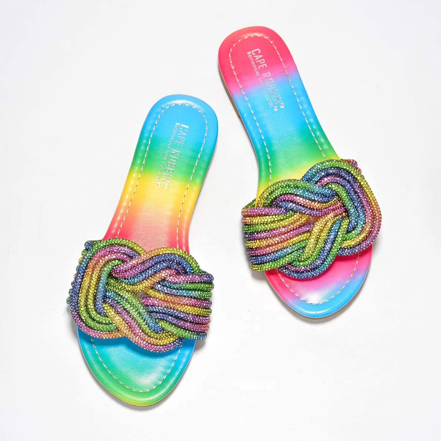 Cape Robbin Women's Open Toe Slide Sandals - Sparkly Flat Summer Dressy Sandals with Rhinestone-Embellished Knot (Jeffer)