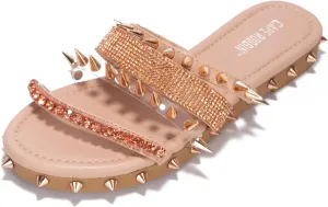 Cape Robbin Women's Studded Slide Sandals - Flat Slip-On Fashion Slides with Spikes - Comfortable Summer Sandals 2025 (Xtreme)
