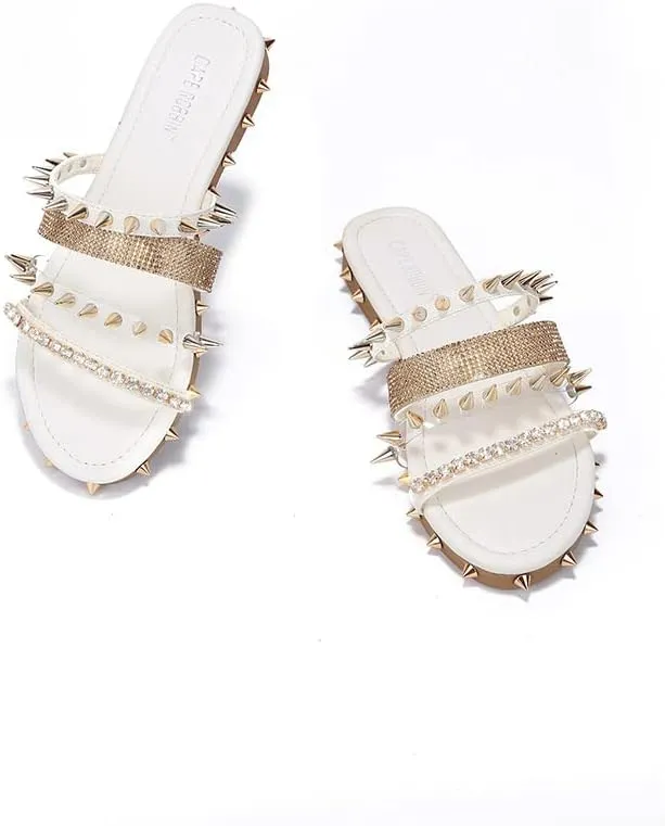 Cape Robbin Women's Studded Slide Sandals - Flat Slip-On Fashion Slides with Spikes - Comfortable Summer Sandals 2025 (Xtreme)