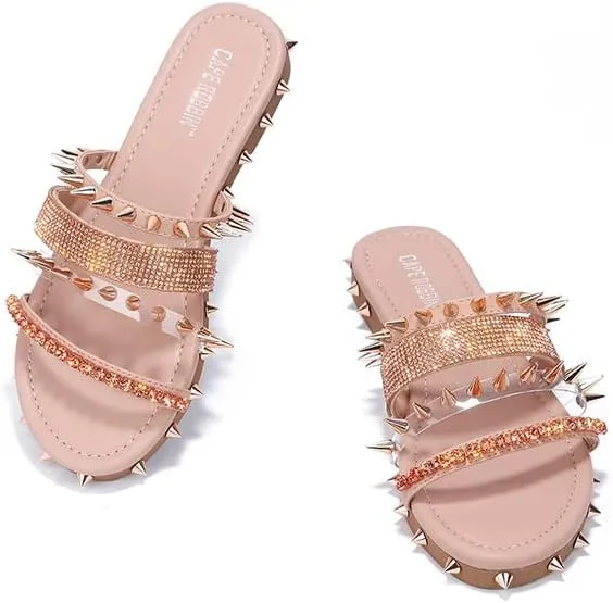 Cape Robbin Women's Studded Slide Sandals - Flat Slip-On Fashion Slides with Spikes - Comfortable Summer Sandals 2025 (Xtreme)