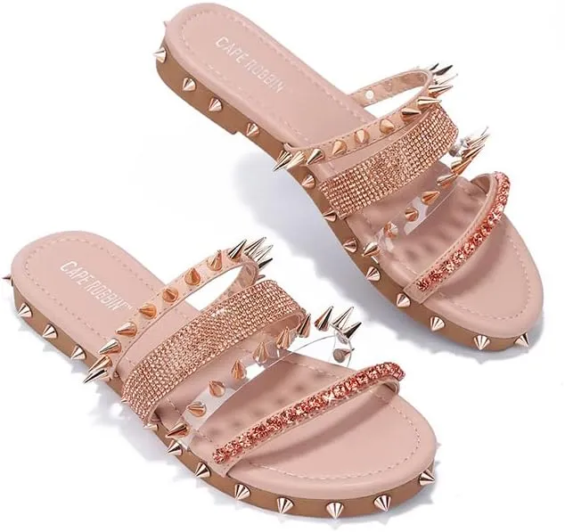 Cape Robbin Women's Studded Slide Sandals - Flat Slip-On Fashion Slides with Spikes - Comfortable Summer Sandals 2025 (Xtreme)