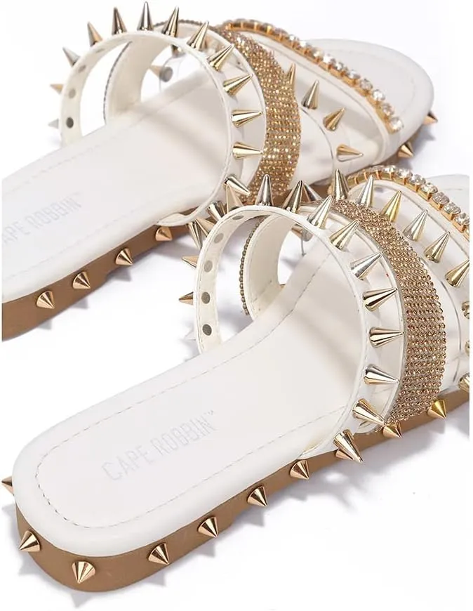 Cape Robbin Women's Studded Slide Sandals - Flat Slip-On Fashion Slides with Spikes - Comfortable Summer Sandals 2025 (Xtreme)
