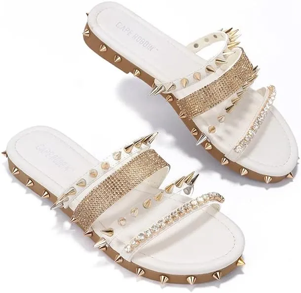 Cape Robbin Women's Studded Slide Sandals - Flat Slip-On Fashion Slides with Spikes - Comfortable Summer Sandals 2025 (Xtreme)