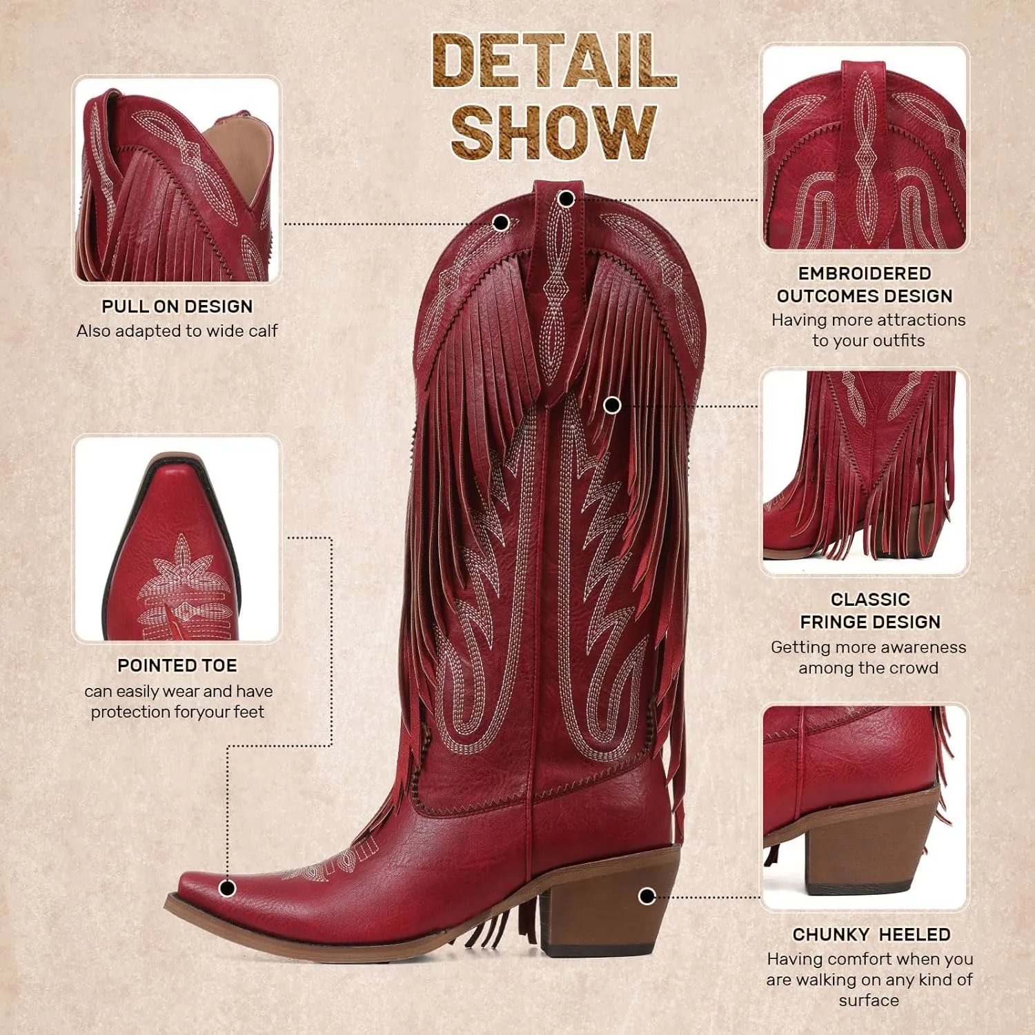 Celbreez Fringe Cowgirl Boots with Classic Embroidery Cowboy Boots for Women Wide Calf Pointed Toe Chunky Heel Pull on Knee High Western Boots